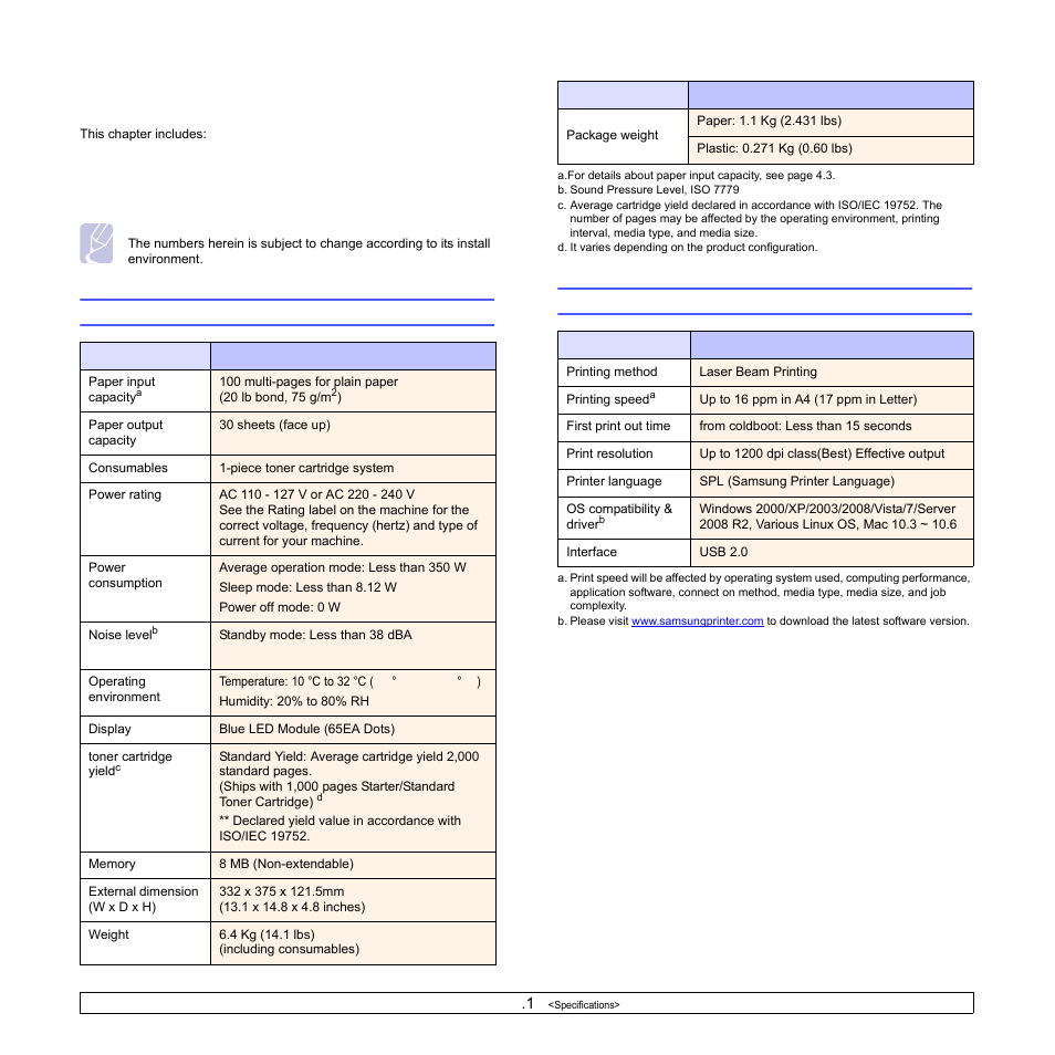 Specifications, General specifications, Printer specifications | General specifications printer specifications | Samsung ML-1630 User Manual | Page 47 / 81