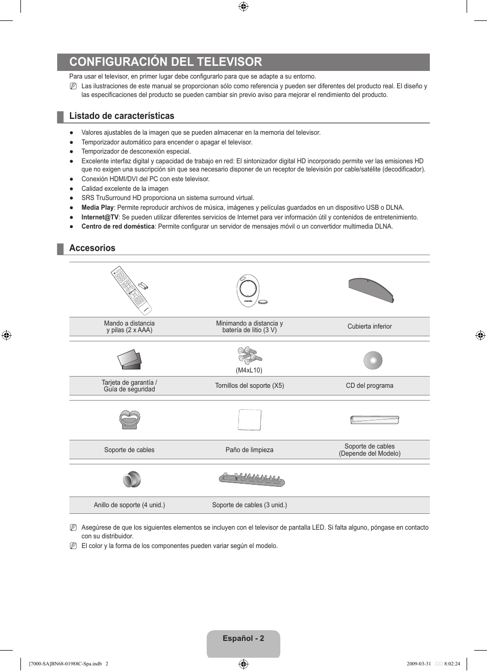 Configuración del televisor, Listado de características, Accesorios | Samsung UNB700 User Manual | Page 100 / 181