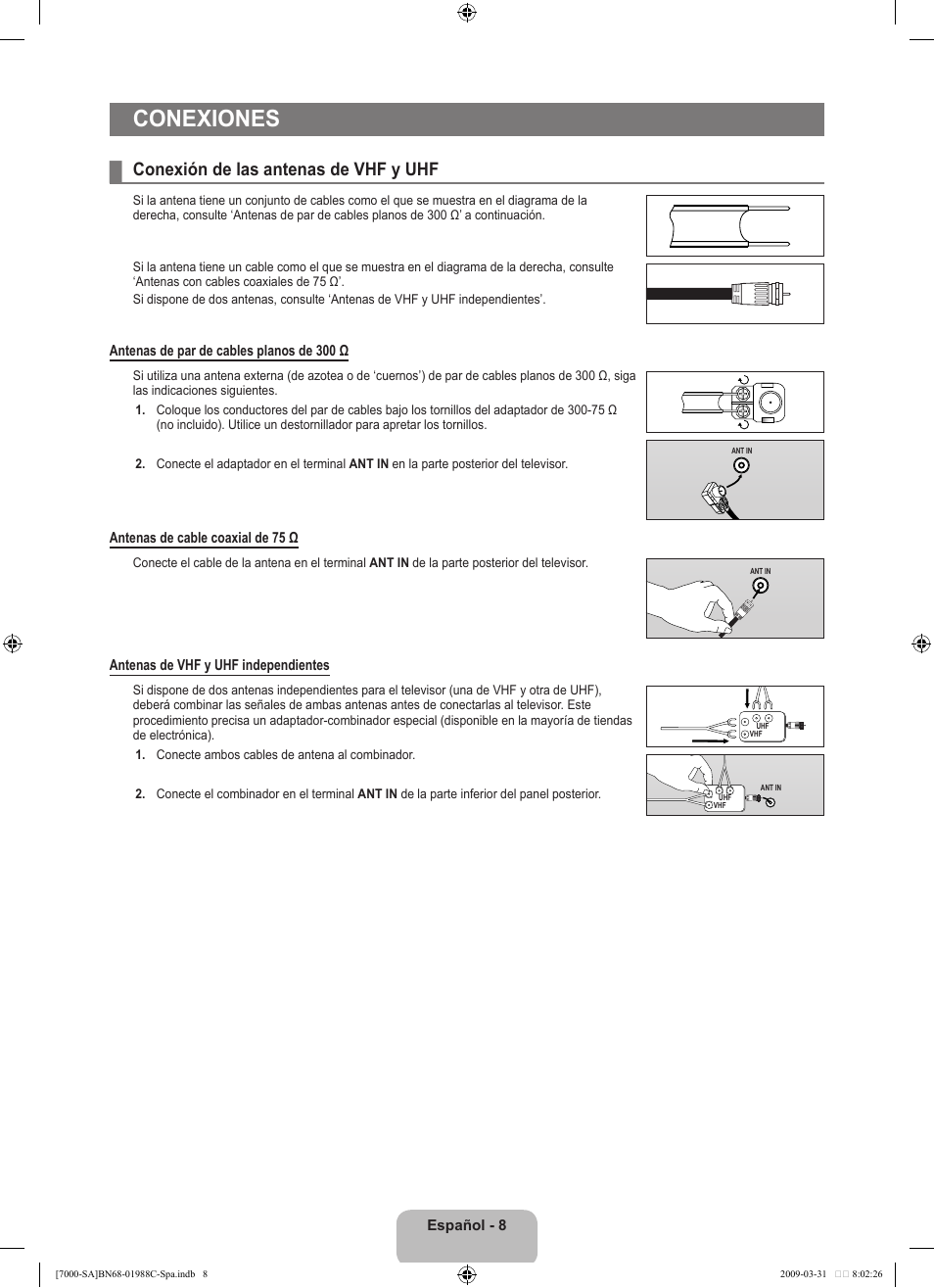 Conexiones, Conexión de las antenas de vhf y uhf | Samsung UNB700 User Manual | Page 106 / 181