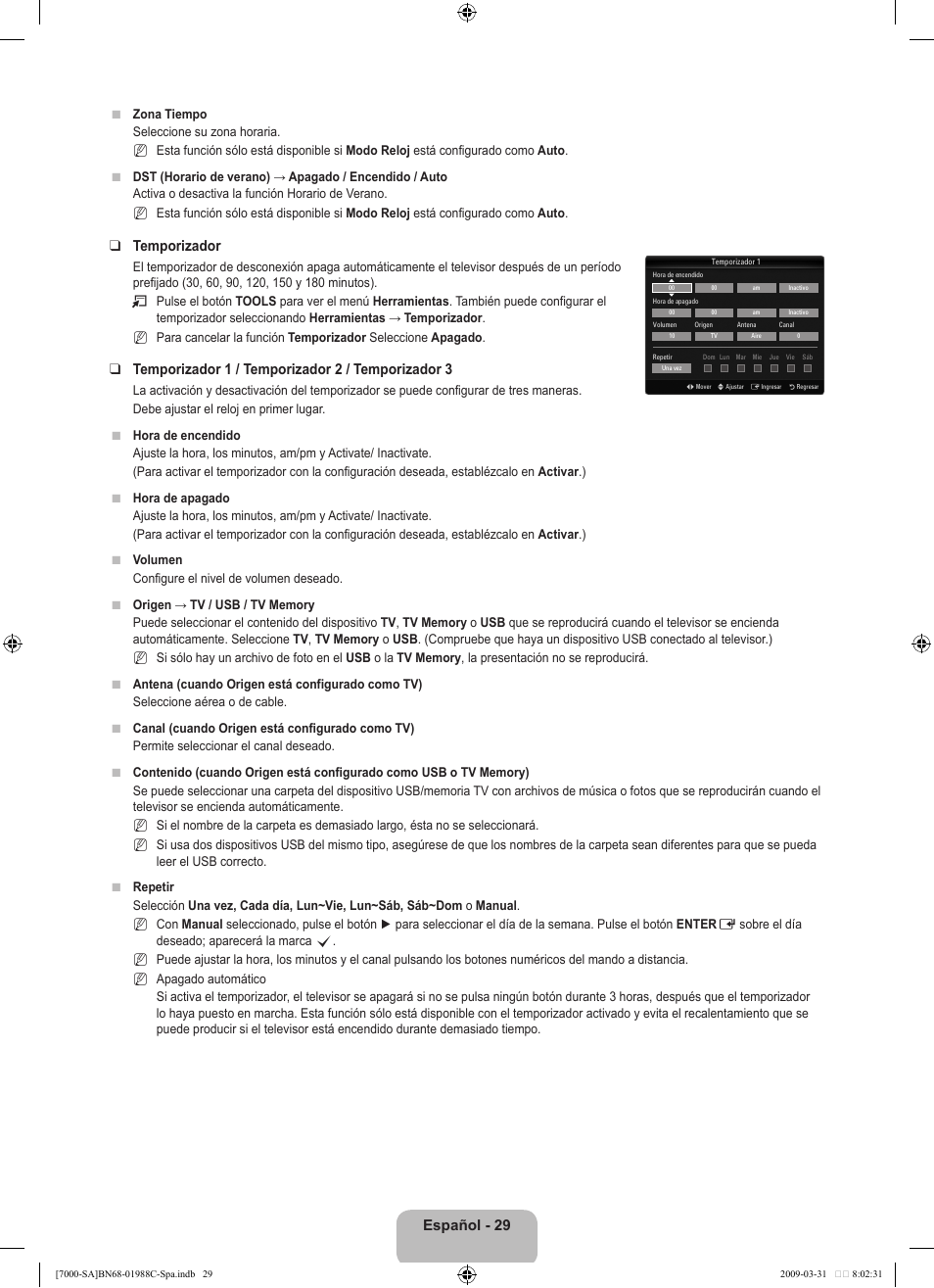 Español - 9, Temporizador, Temporizador  / temporizador  / temporizador | Samsung UNB700 User Manual | Page 127 / 181