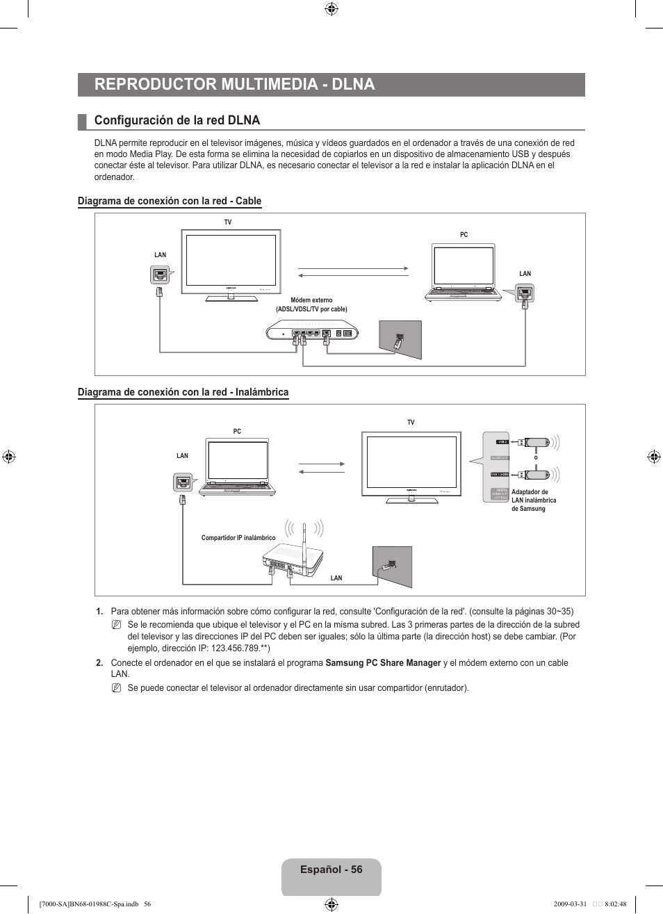 Reproductor multimedia - dlna, Configuración de la red dlna | Samsung UNB700 User Manual | Page 154 / 181