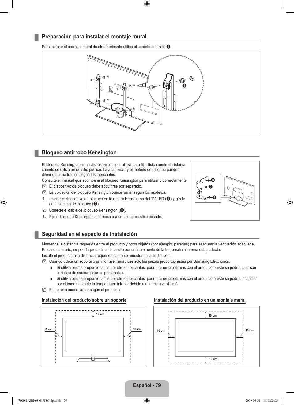 Preparación para instalar el montaje mural, Bloqueo antirrobo kensington, Seguridad en el espacio de instalación | Samsung UNB700 User Manual | Page 177 / 181