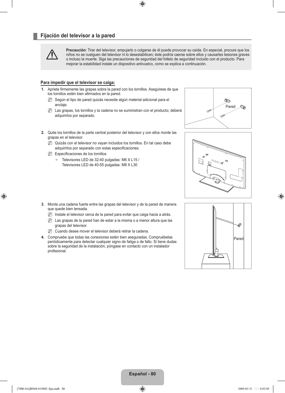 Fijación del televisor a la pared | Samsung UNB700 User Manual | Page 178 / 181