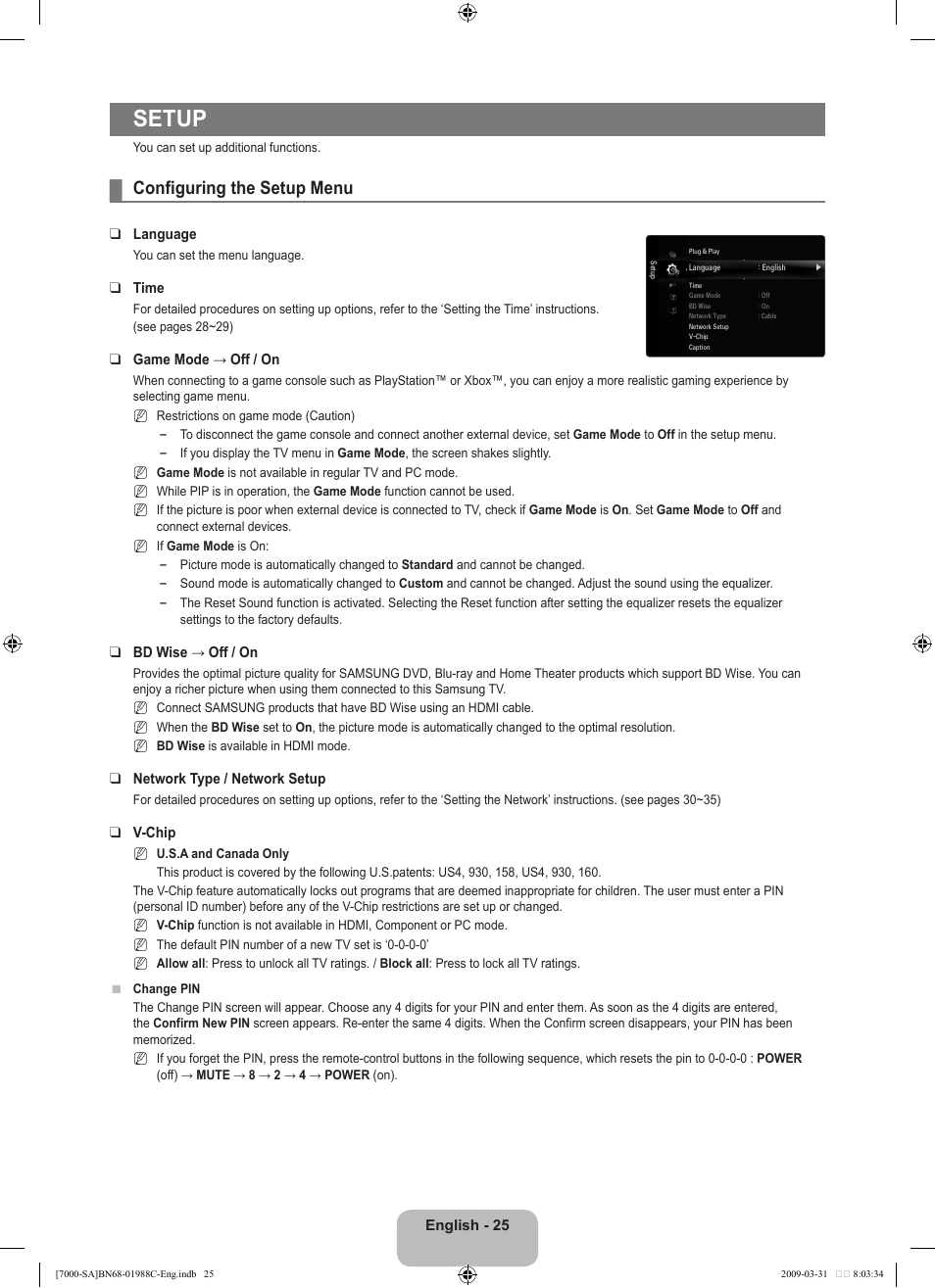 Setup, Configuring the setup menu | Samsung UNB700 User Manual | Page 27 / 181