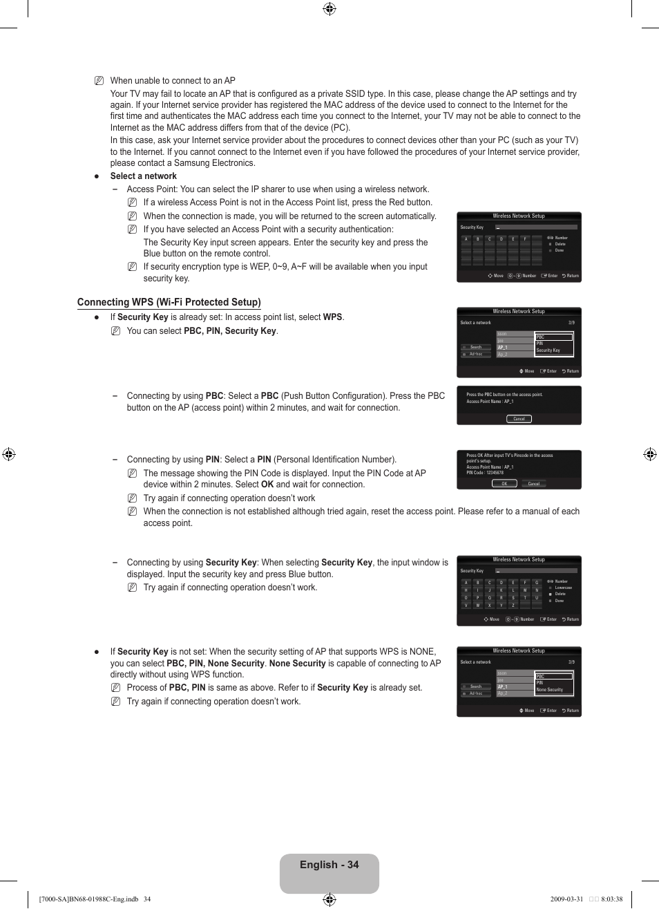 English, Connecting wps (wi-fi protected setup) | Samsung UNB700 User Manual | Page 36 / 181