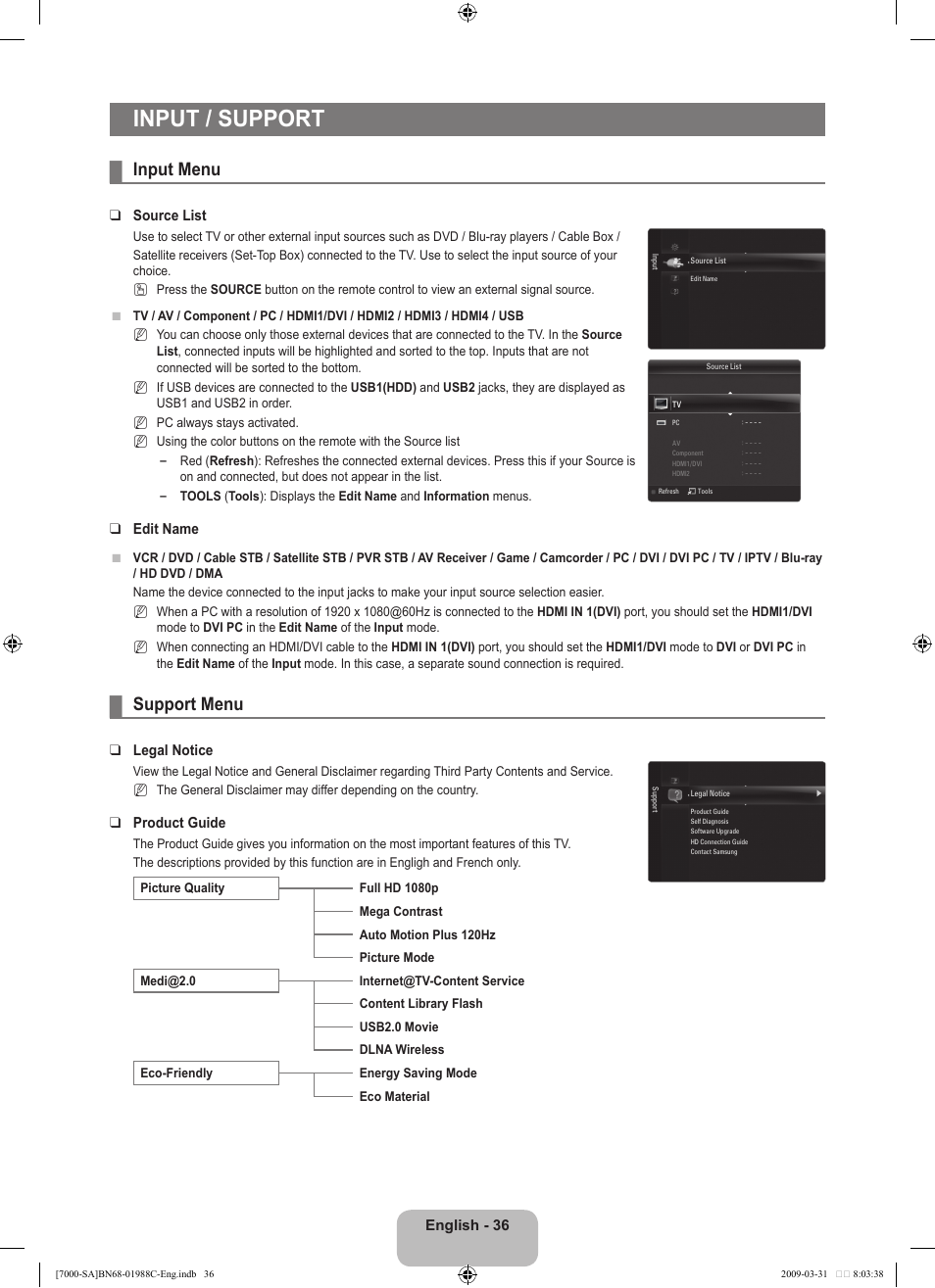 Input / support, Input menu, Support menu | Samsung UNB700 User Manual | Page 38 / 181