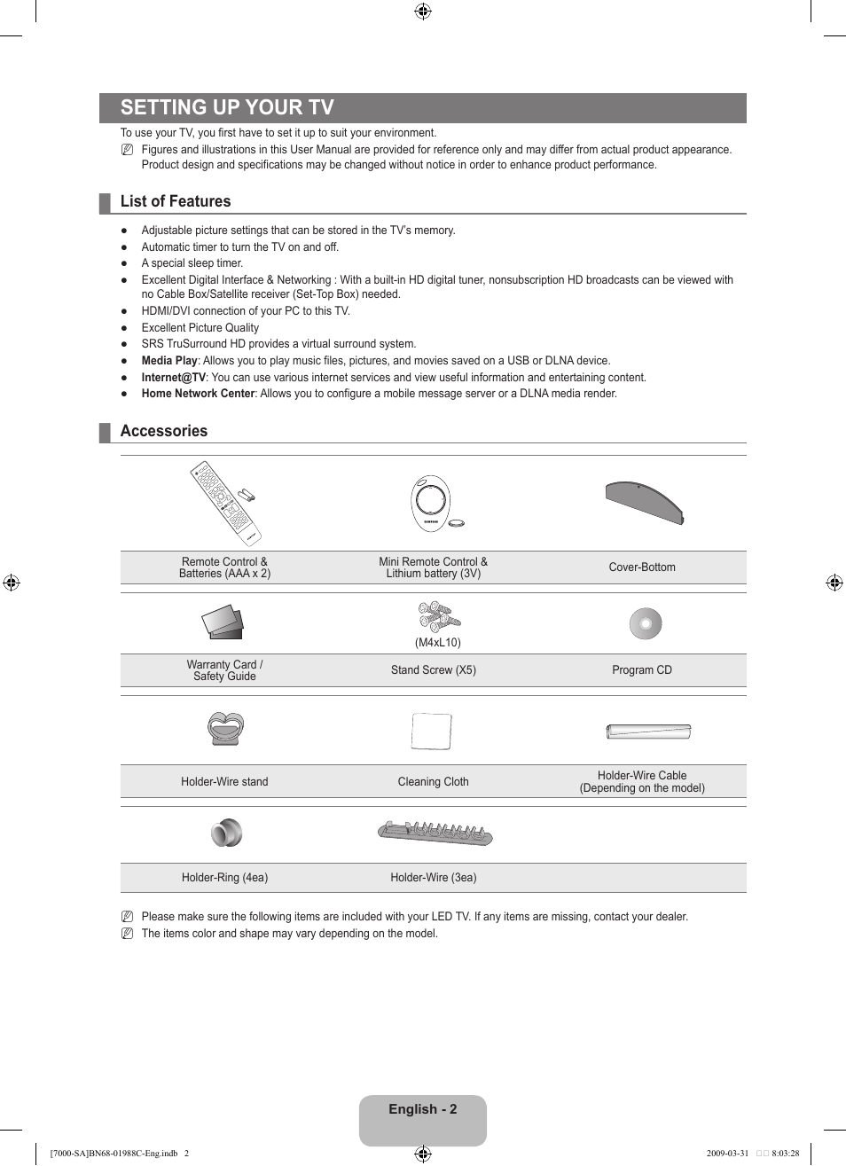 Setting up your tv, List of features, Accessories | Samsung UNB700 User Manual | Page 4 / 181