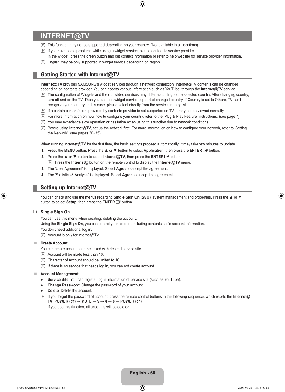 Internet@tv, Getting started with internet@tv, Setting up internet@tv | Samsung UNB700 User Manual | Page 70 / 181