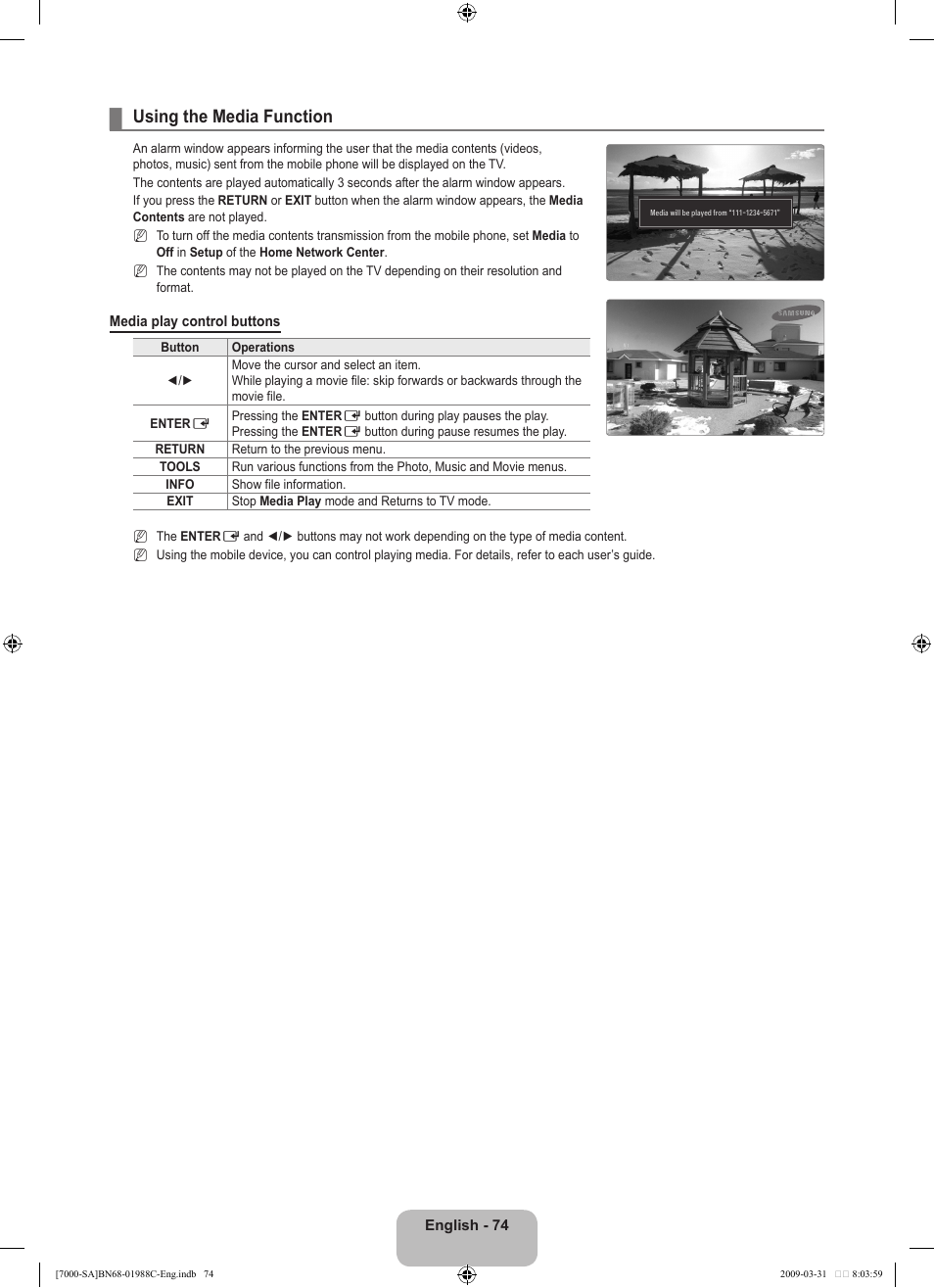 Using the media function | Samsung UNB700 User Manual | Page 76 / 181