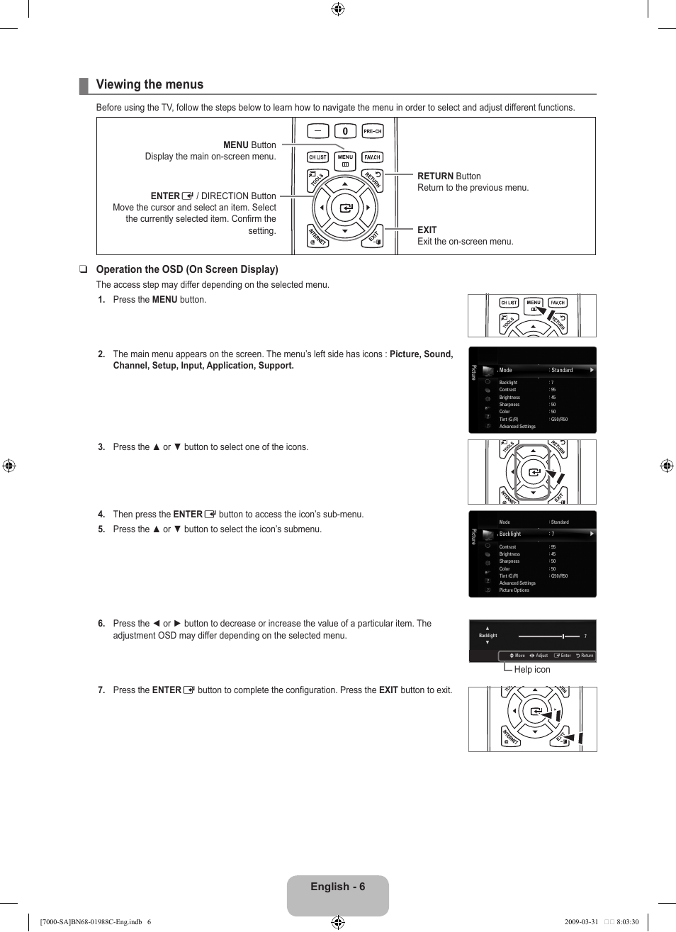 Viewing the menus, English, Operation the osd (on screen display) | Samsung UNB700 User Manual | Page 8 / 181
