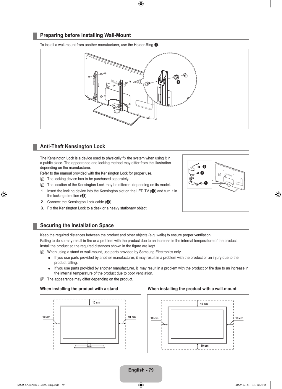Preparing before installing wall-mount, Anti-theft kensington lock, Securing the installation space | Samsung UNB700 User Manual | Page 81 / 181