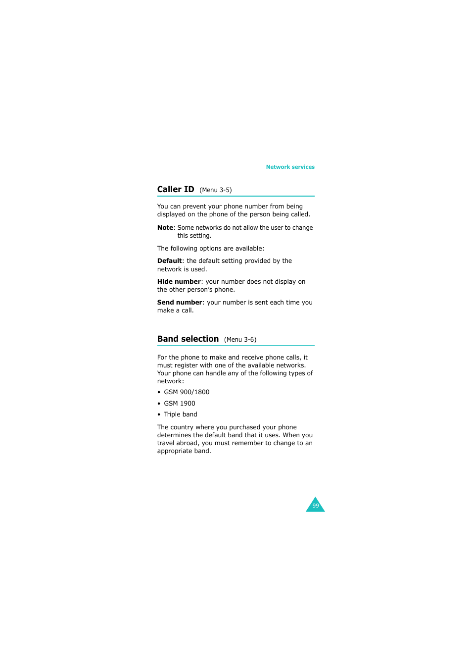 Caller id (menu 3-5), Band selection (menu 3-6) | Samsung GH68-06534A User Manual | Page 100 / 215