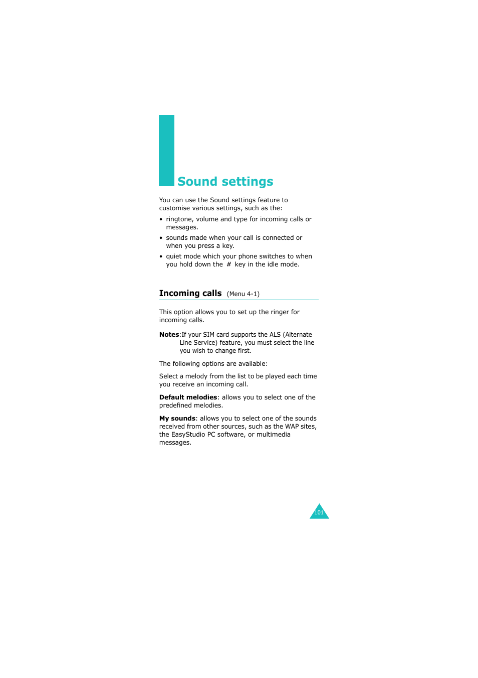 Sound settings, Incoming calls (menu 4-1) | Samsung GH68-06534A User Manual | Page 102 / 215