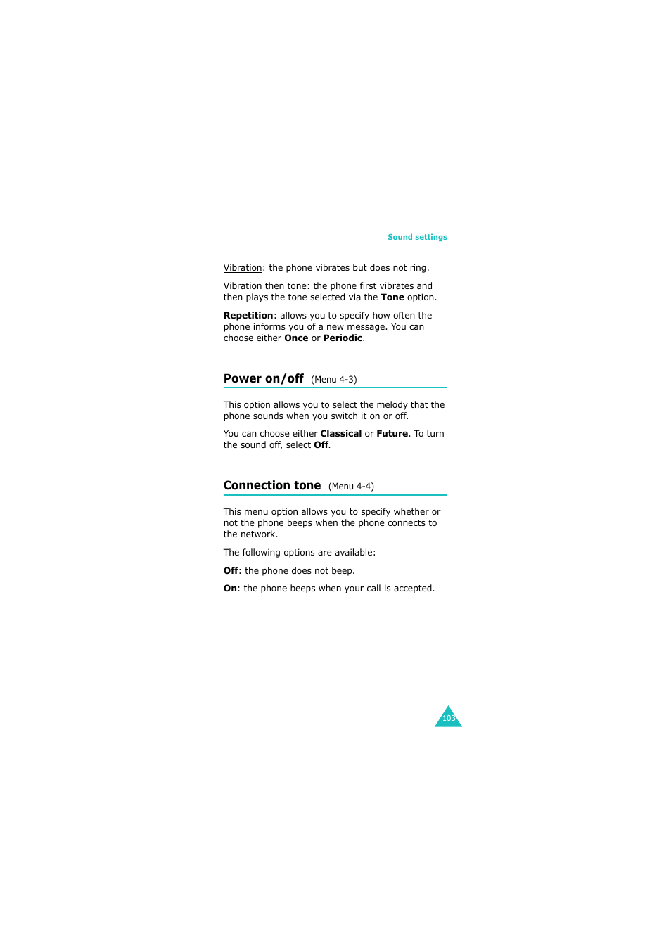 Power on/off (menu 4-3), Connection tone (menu 4-4) | Samsung GH68-06534A User Manual | Page 104 / 215