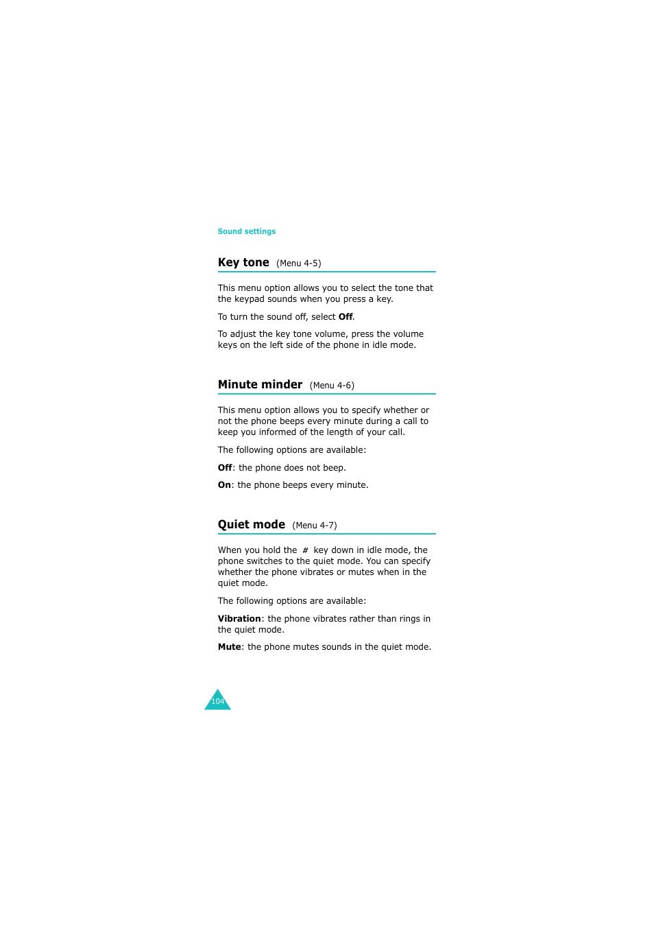 Key tone (menu 4-5), Minute minder (menu 4-6), Quiet mode (menu 4-7) | Samsung GH68-06534A User Manual | Page 105 / 215