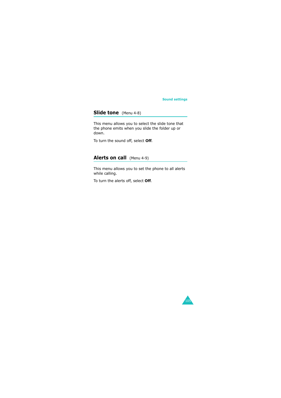 Slide tone (menu 4-8), Alerts on call (menu 4-9) | Samsung GH68-06534A User Manual | Page 106 / 215