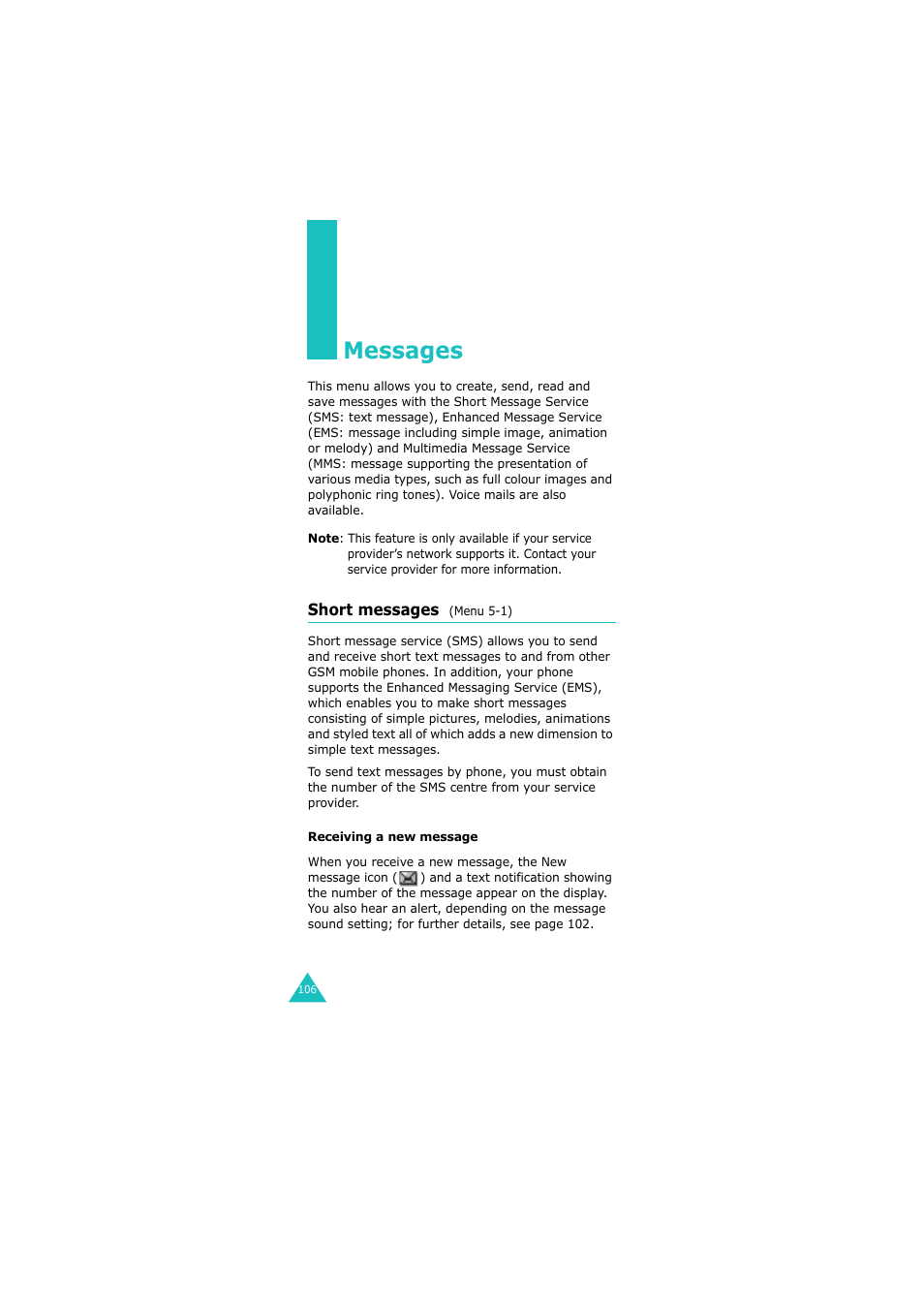 Messages, Short messages (menu 5-1) | Samsung GH68-06534A User Manual | Page 107 / 215