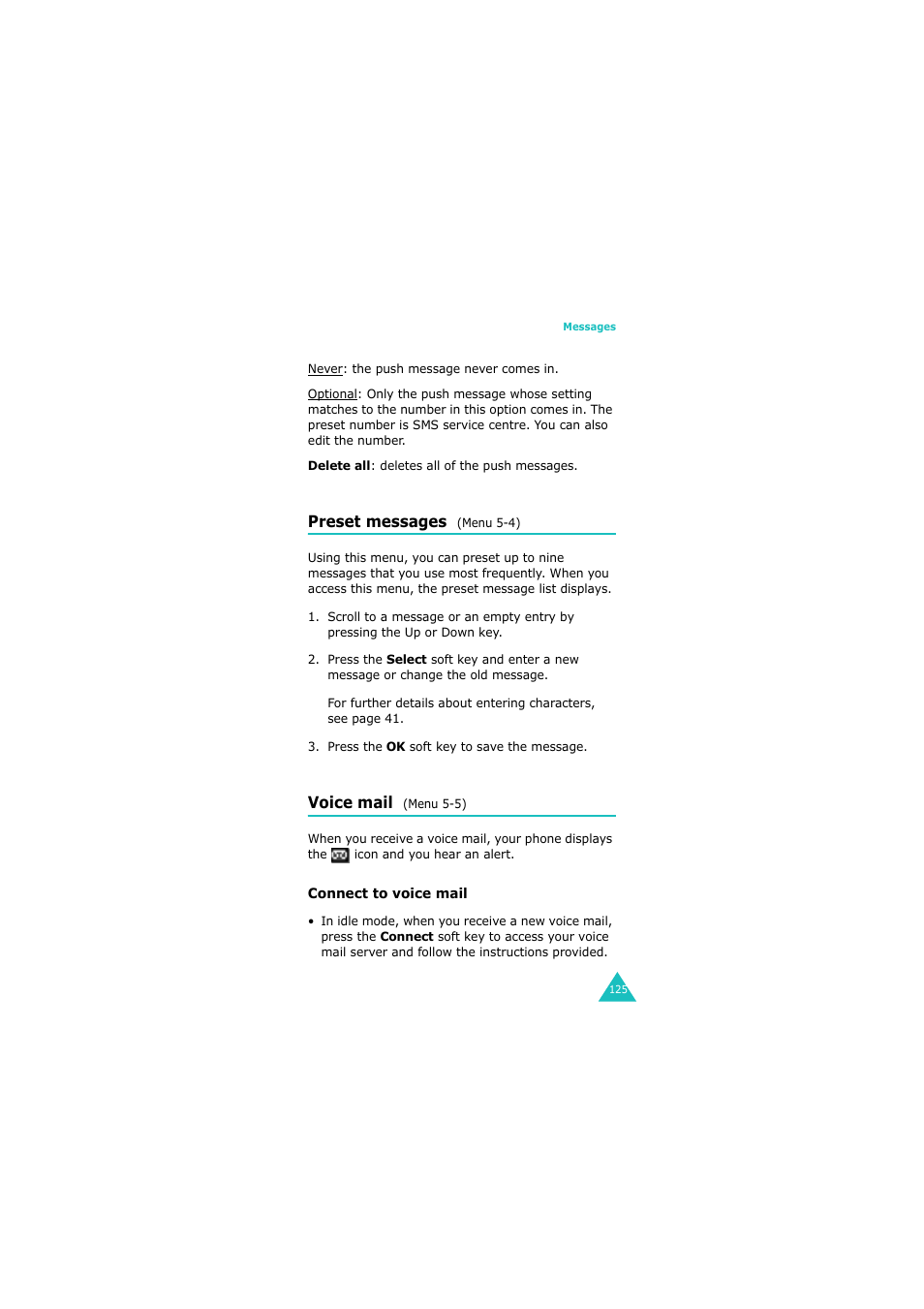 Preset messages (menu 5-4), Voice mail (menu 5-5) | Samsung GH68-06534A User Manual | Page 126 / 215