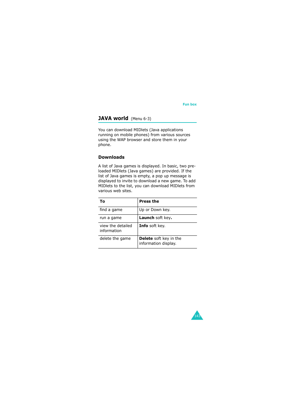 Java world (menu 6-3), Java world | Samsung GH68-06534A User Manual | Page 144 / 215