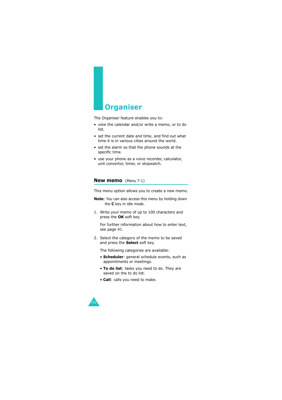 Organiser, New memo (menu 7-1) | Samsung GH68-06534A User Manual | Page 153 / 215