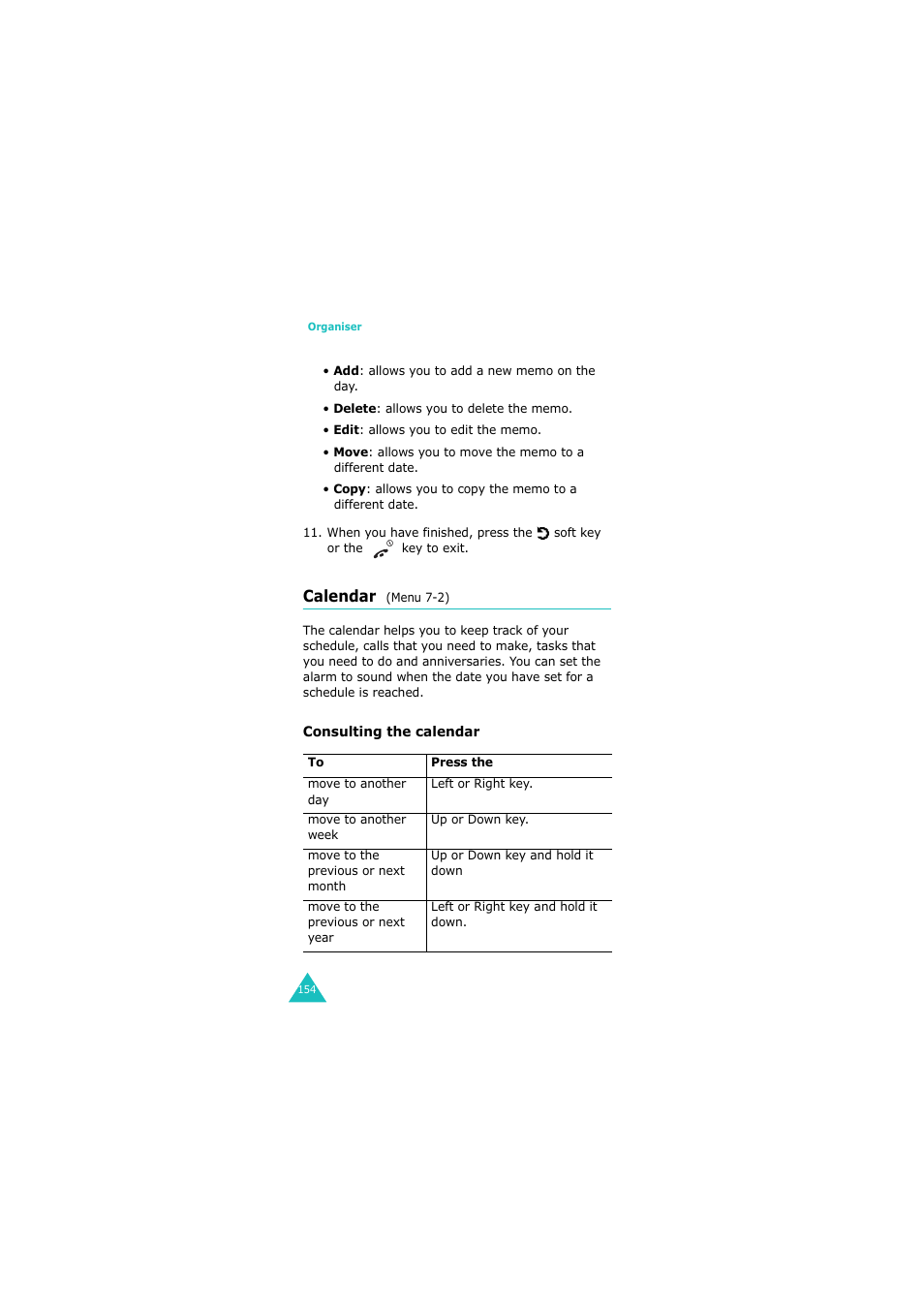 Calendar (menu 7-2), Calendar | Samsung GH68-06534A User Manual | Page 155 / 215