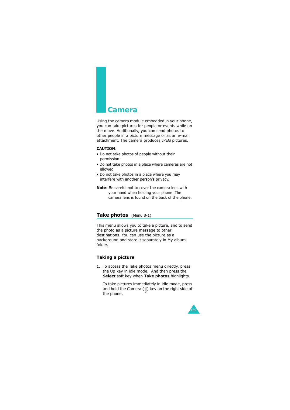 Camera, Take photos (menu 8-1) | Samsung GH68-06534A User Manual | Page 170 / 215