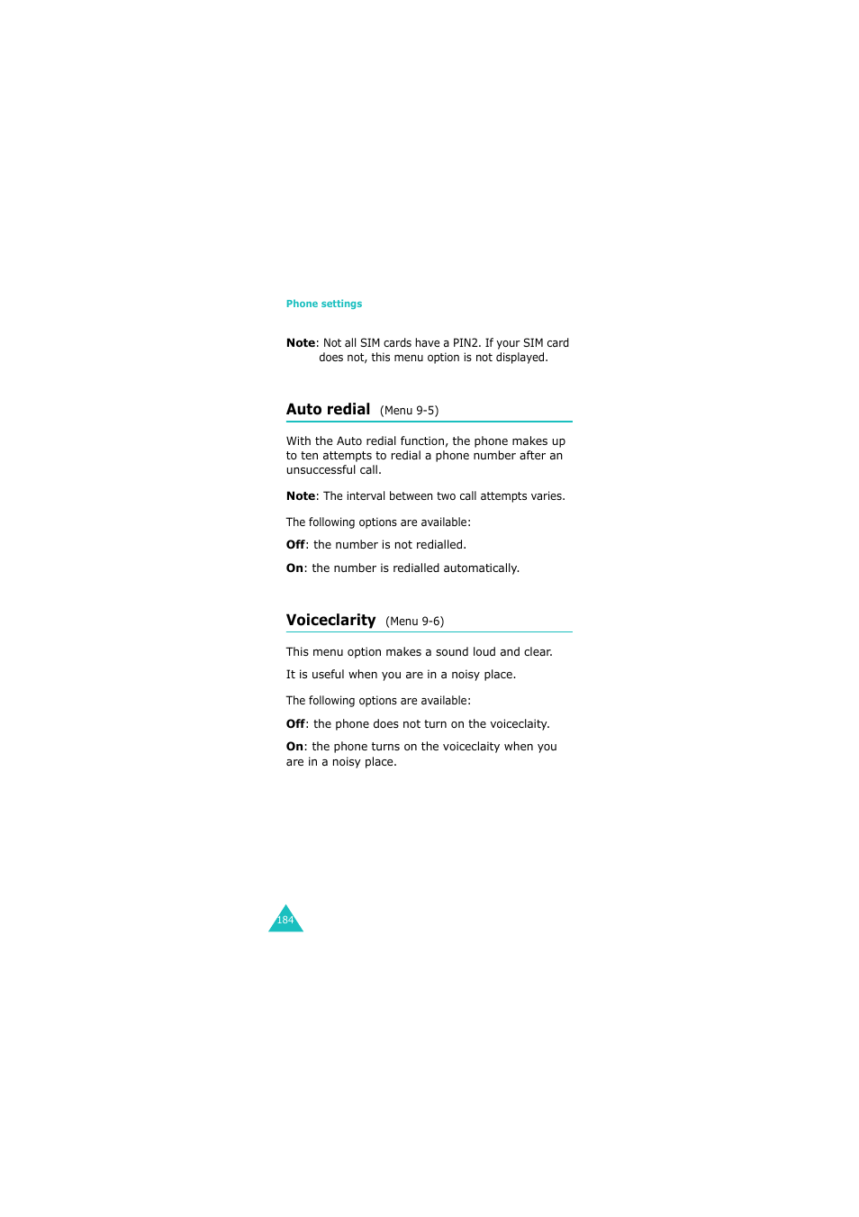 Auto redial (menu 9-5), Voiceclarity (menu 9-6), Auto redial | Voiceclarity | Samsung GH68-06534A User Manual | Page 185 / 215