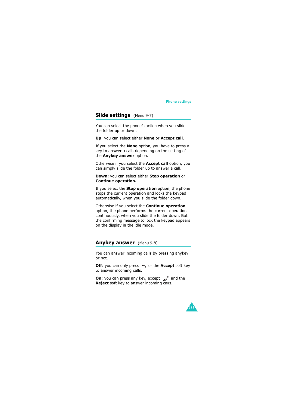 Slide settings (menu 9-7), Anykey answer (menu 9-8) | Samsung GH68-06534A User Manual | Page 186 / 215