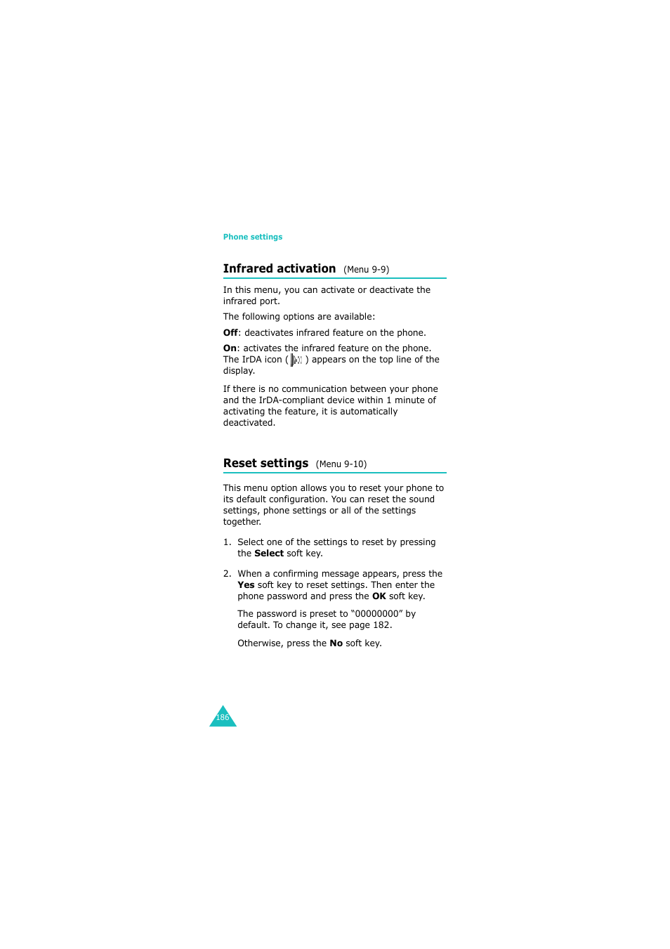 Infrared activation (menu 9-9), Reset settings (menu 9-10) | Samsung GH68-06534A User Manual | Page 187 / 215