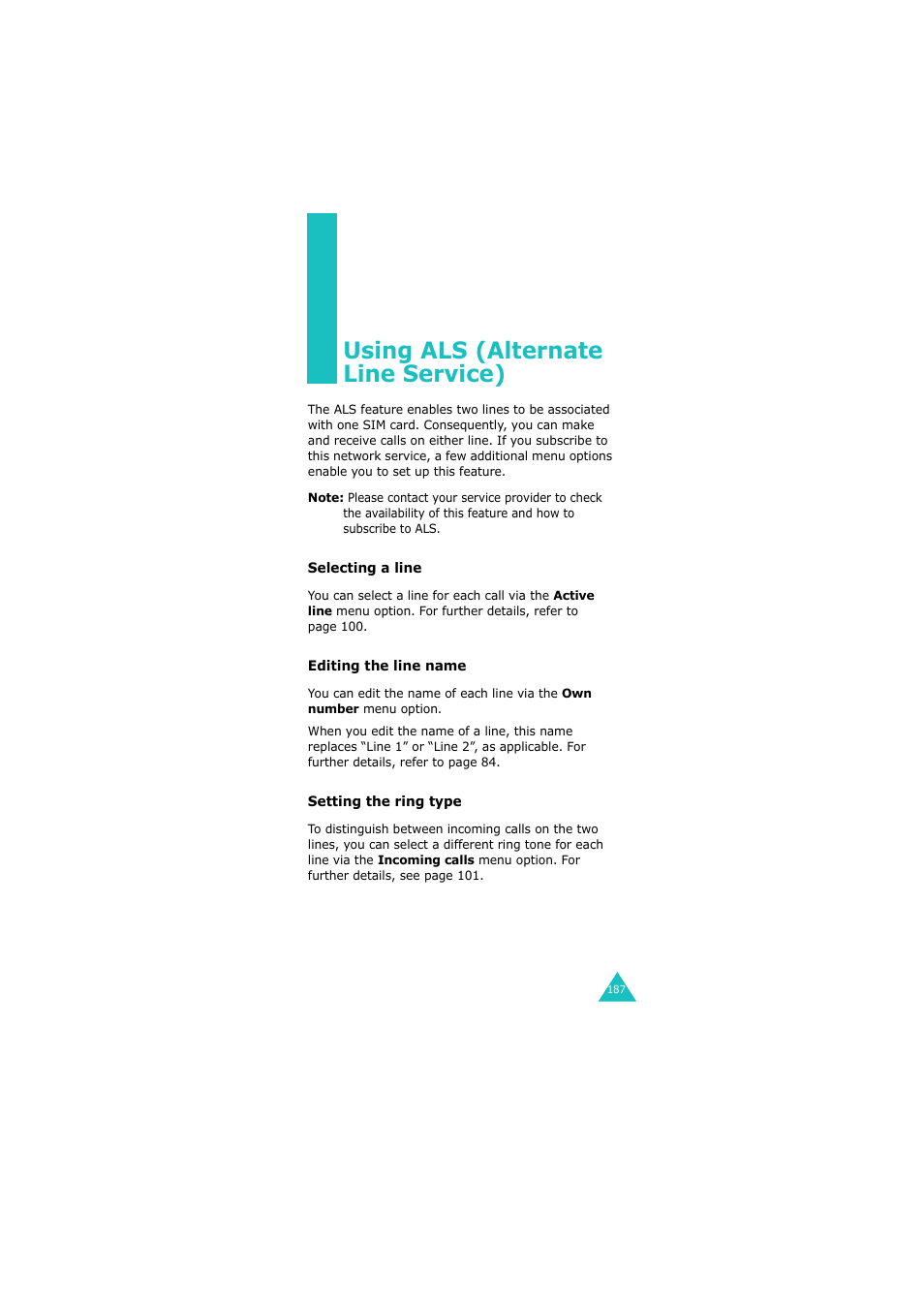 Using als (alternate line service) | Samsung GH68-06534A User Manual | Page 188 / 215