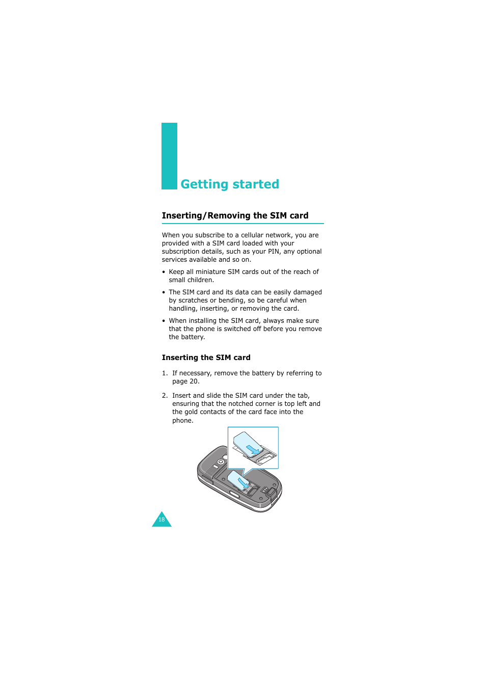 Getting started, Inserting/removing the sim card | Samsung GH68-06534A User Manual | Page 19 / 215