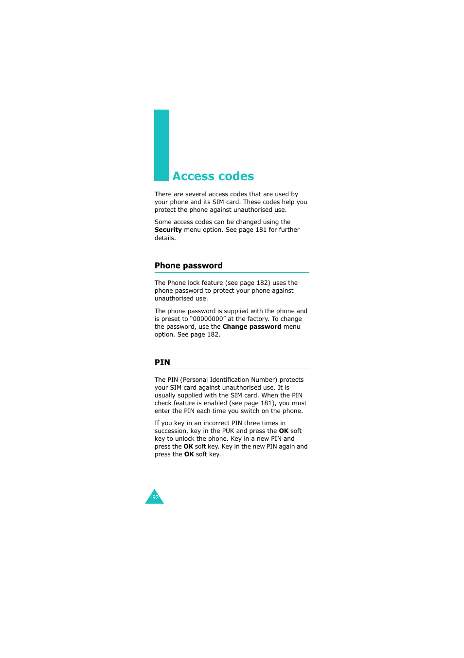 Access codes, Phone password | Samsung GH68-06534A User Manual | Page 193 / 215