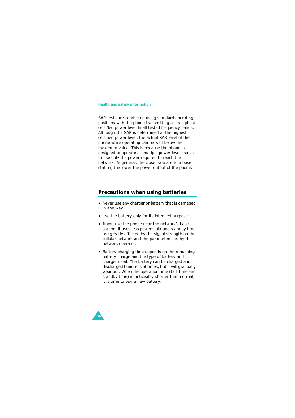 Precautions when using batteries | Samsung GH68-06534A User Manual | Page 197 / 215