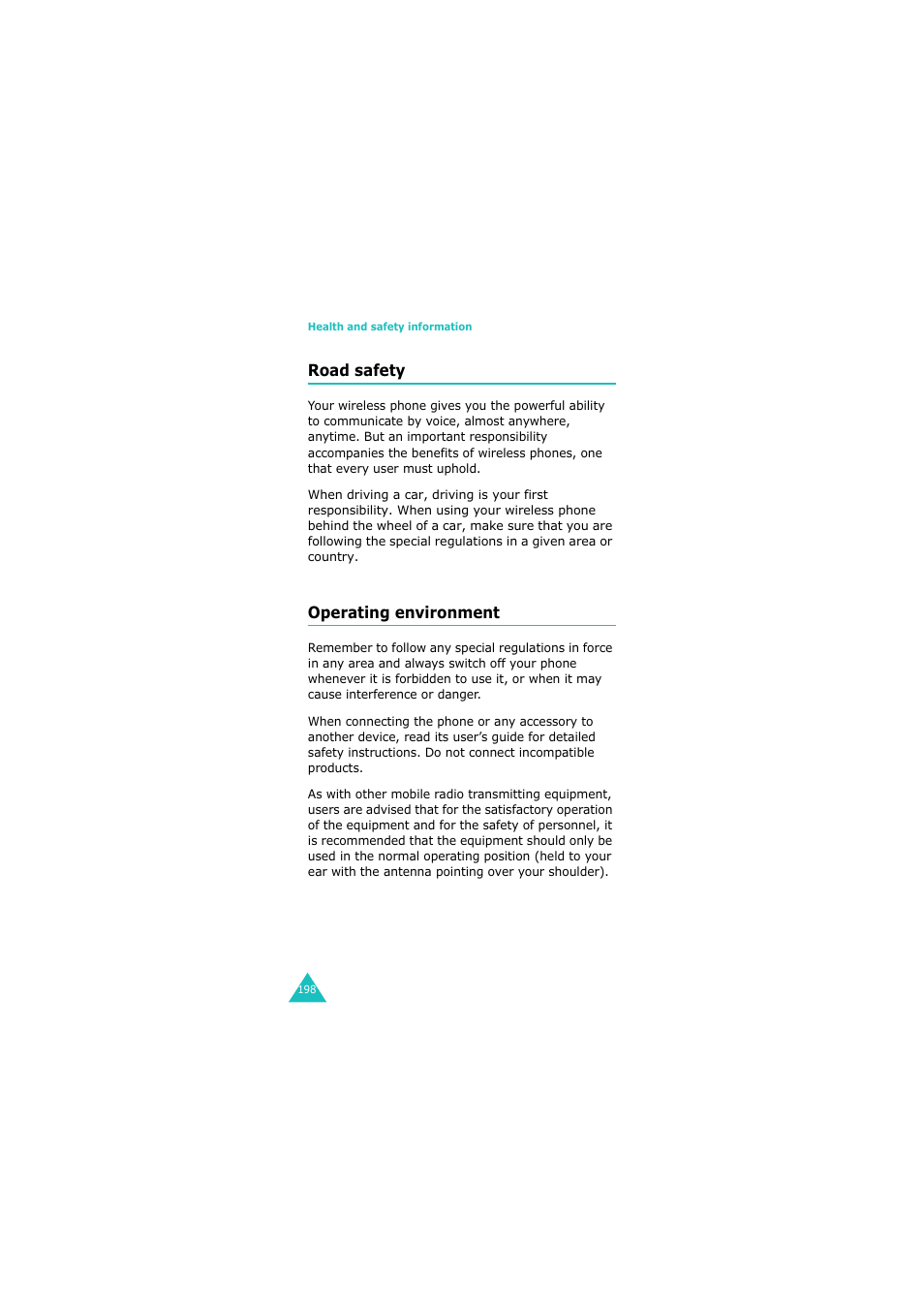 Road safety, Operating environment | Samsung GH68-06534A User Manual | Page 199 / 215