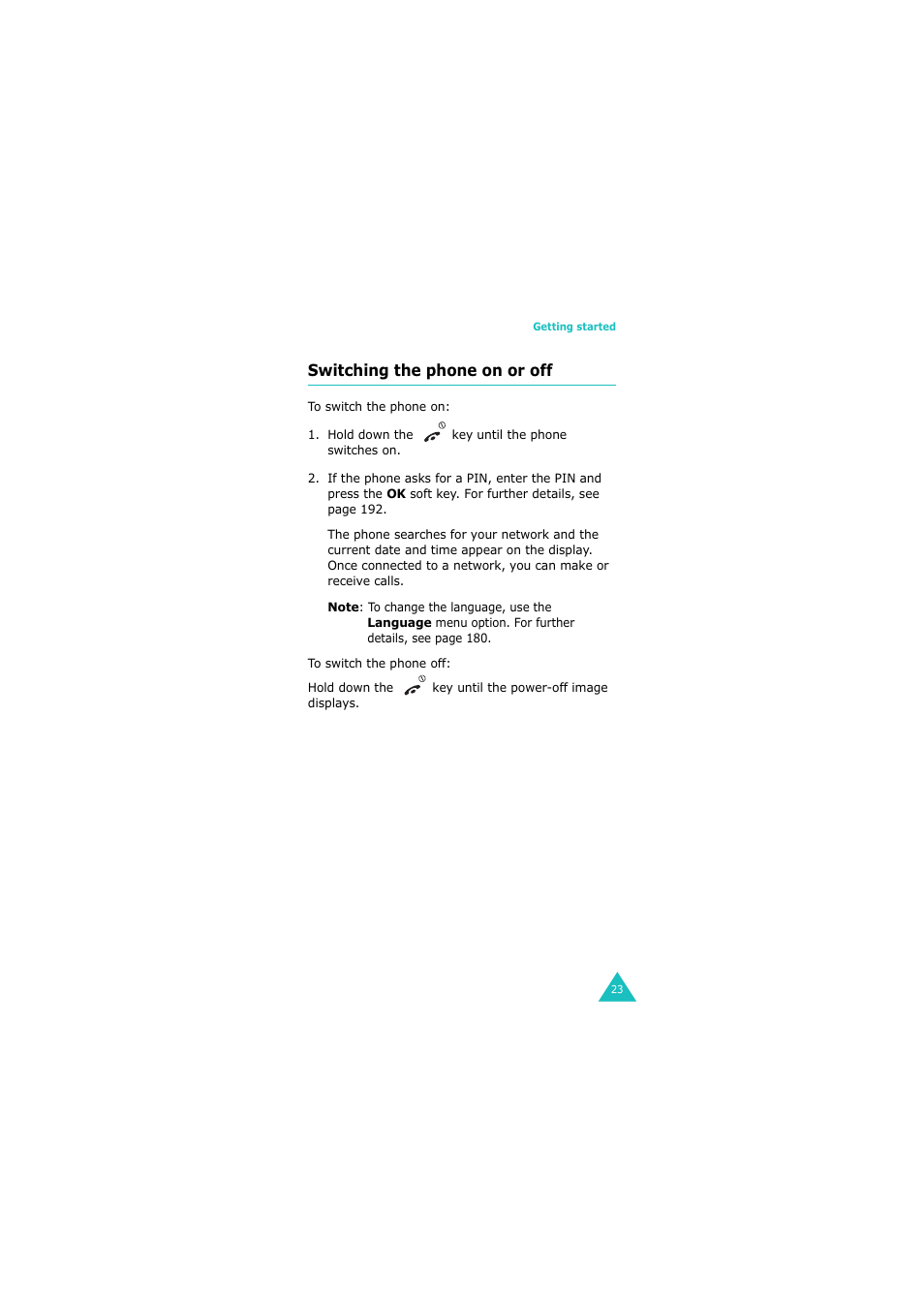 Switching the phone on or off | Samsung GH68-06534A User Manual | Page 24 / 215