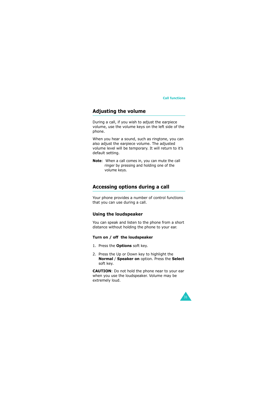 Adjusting the volume, Accessing options during a call | Samsung GH68-06534A User Manual | Page 32 / 215