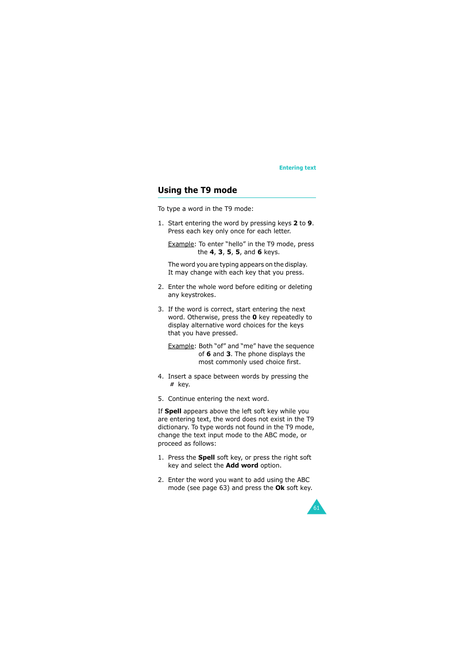 Using the t9 mode | Samsung GH68-06534A User Manual | Page 62 / 215