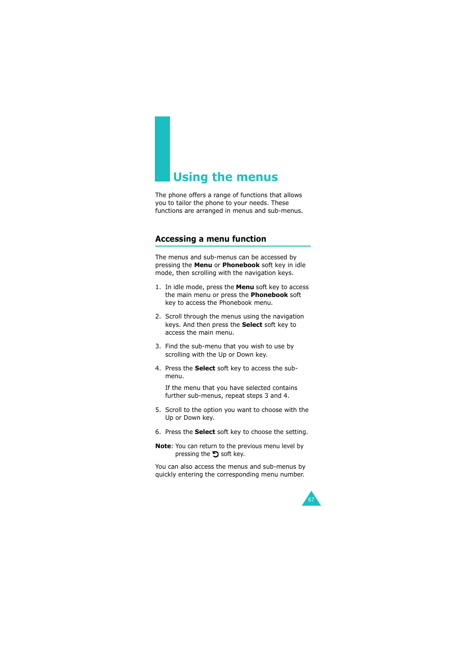Using the menus, Accessing a menu function | Samsung GH68-06534A User Manual | Page 68 / 215