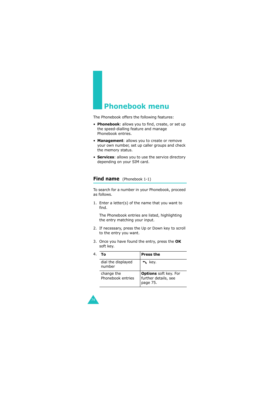 Phonebook menu, Find name (phonebook 1-1) | Samsung GH68-06534A User Manual | Page 75 / 215