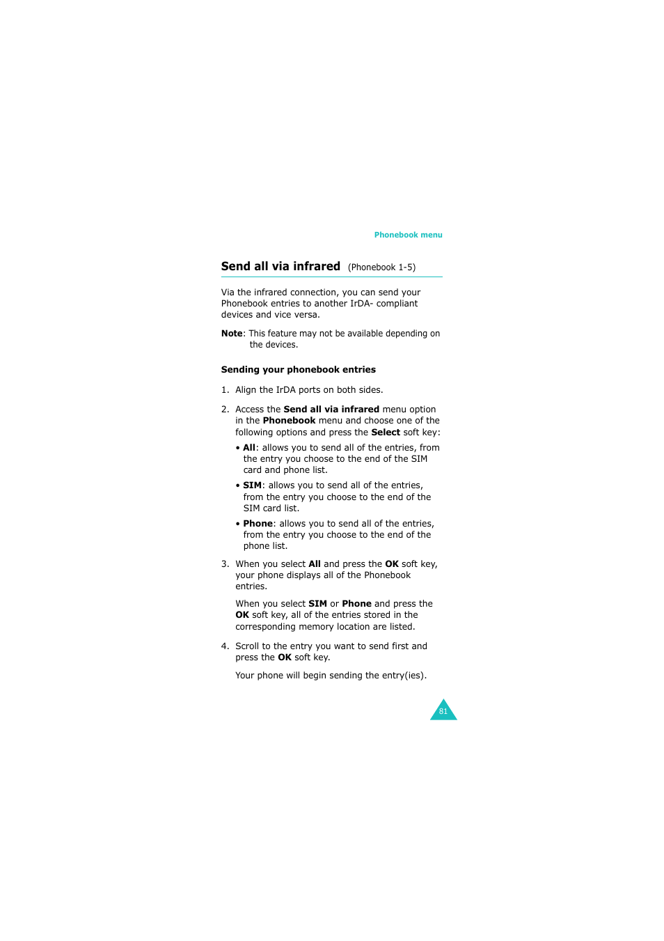 Send all via infrared (phonebook 1-5), Send all via infrared | Samsung GH68-06534A User Manual | Page 82 / 215