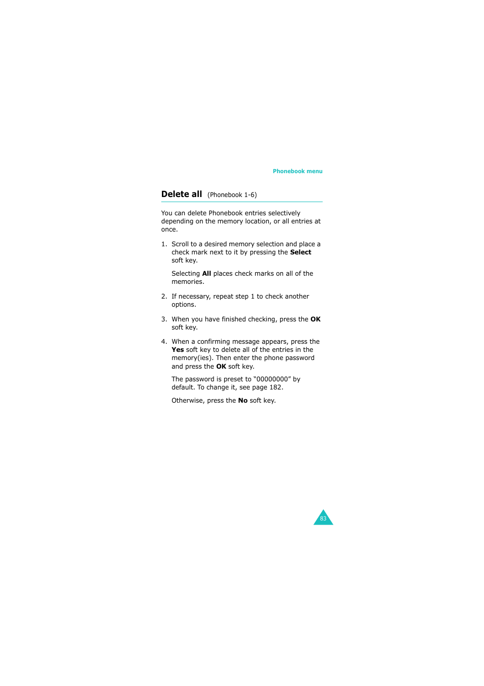 Delete all (phonebook 1-6), Delete all | Samsung GH68-06534A User Manual | Page 84 / 215