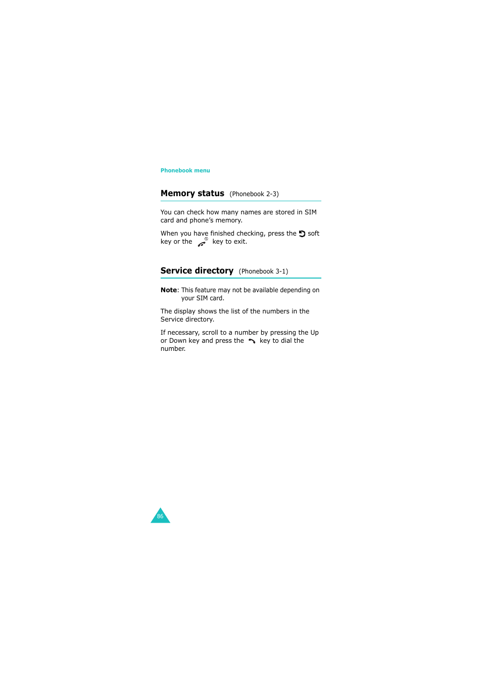Memory status (phonebook 2-3), Service directory (phonebook 3-1) | Samsung GH68-06534A User Manual | Page 87 / 215