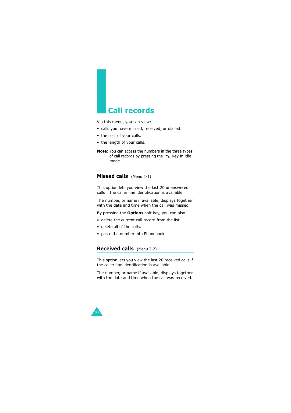 Call records, Missed calls (menu 2-1), Received calls (menu 2-2) | Samsung GH68-06534A User Manual | Page 89 / 215