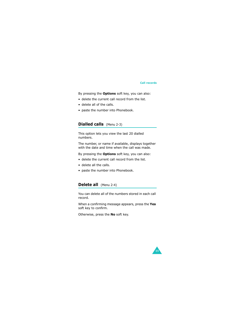 Dialled calls (menu 2-3), Delete all (menu 2-4) | Samsung GH68-06534A User Manual | Page 90 / 215