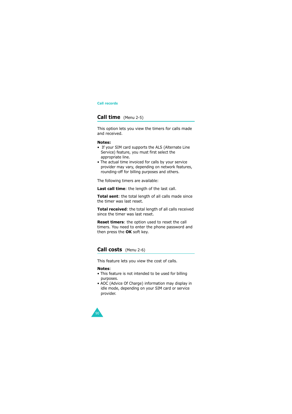 Call time (menu 2-5), Call costs (menu 2-6) | Samsung GH68-06534A User Manual | Page 91 / 215