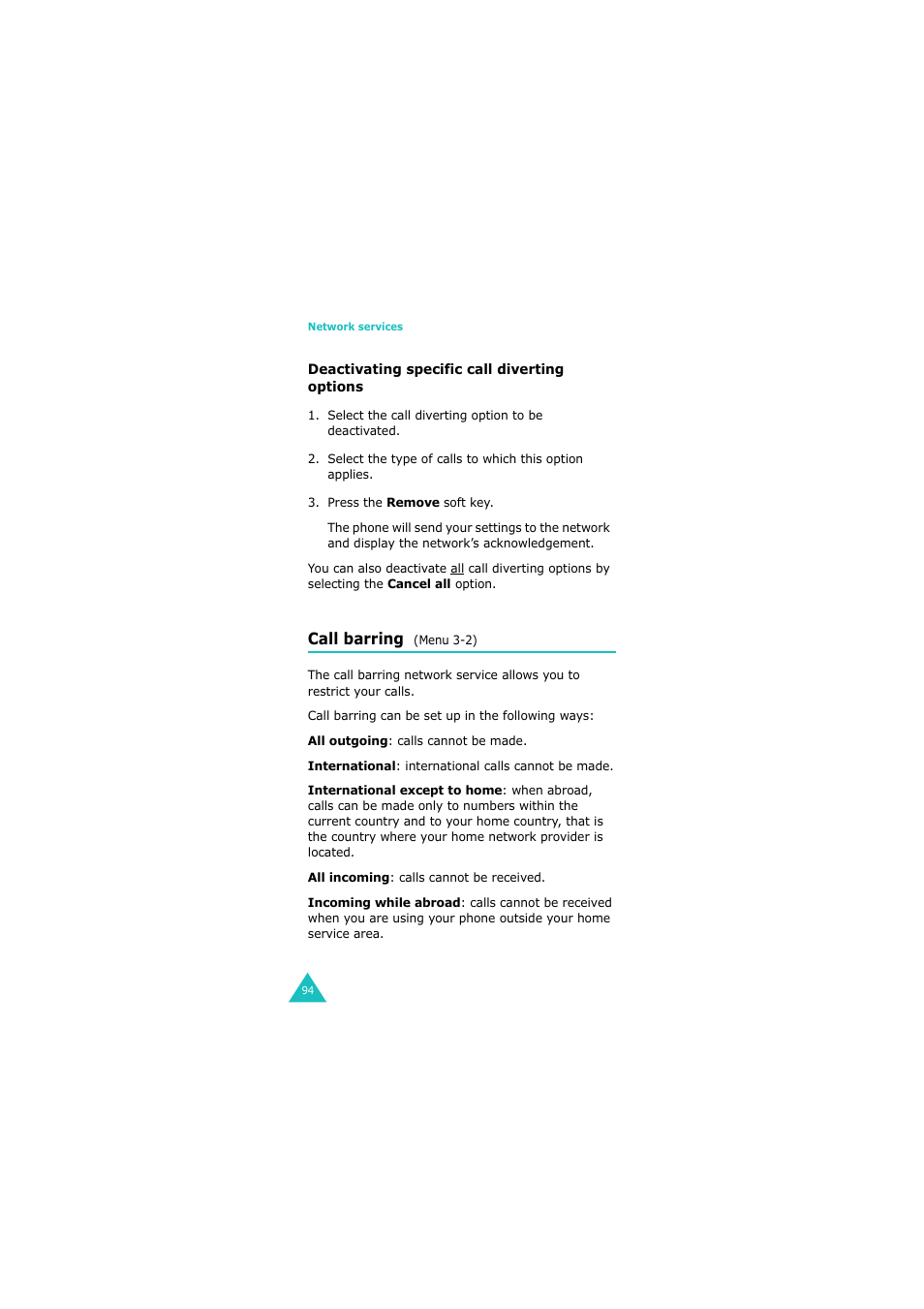Call barring (menu 3-2), Call barring | Samsung GH68-06534A User Manual | Page 95 / 215