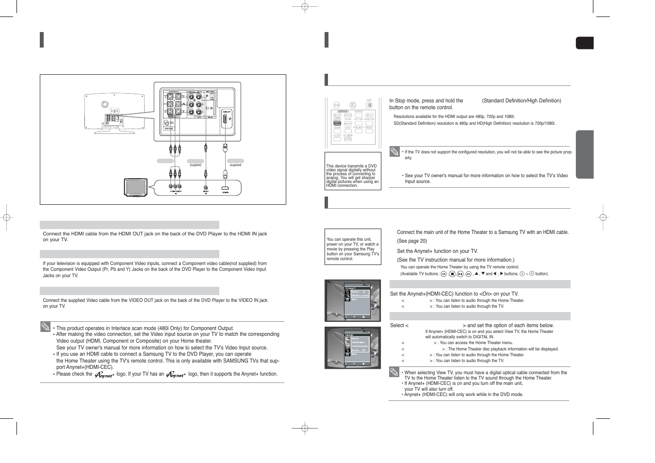 Connecting the video out to your tv, Hdmi function, Using anynet+(hdmi-cec) | Resolution selection | Samsung HT-TX250  EN User Manual | Page 11 / 35