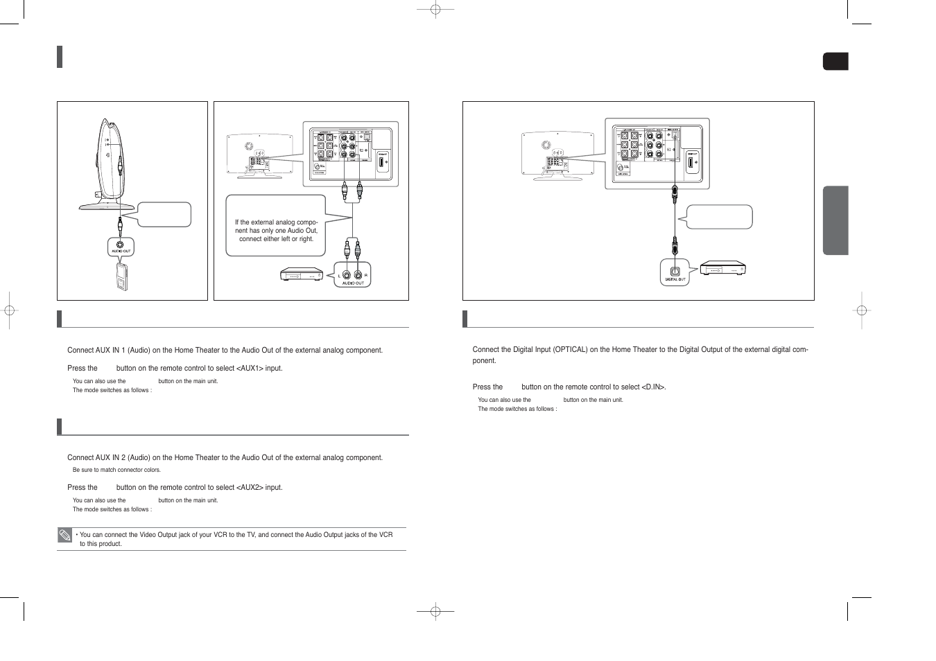 Connecting audio from external components, Aux2 : connecting an external analog component, Aux1 : connecting an external analog component | Optical : connecting an external digital component | Samsung HT-TX250  EN User Manual | Page 12 / 35