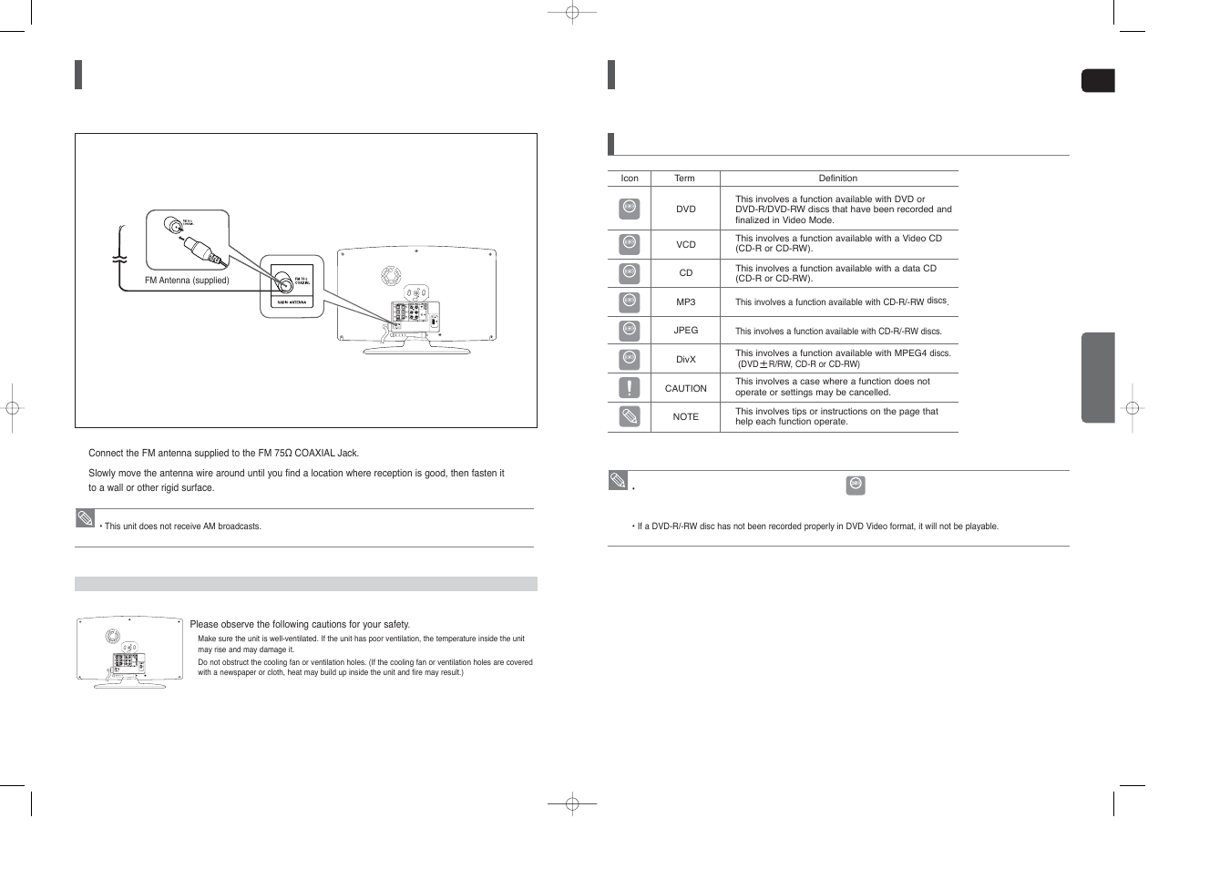 Connecting the fm antenna, Before reading the user's manual, Icons that will be used in manual | Samsung HT-TX250  EN User Manual | Page 13 / 35