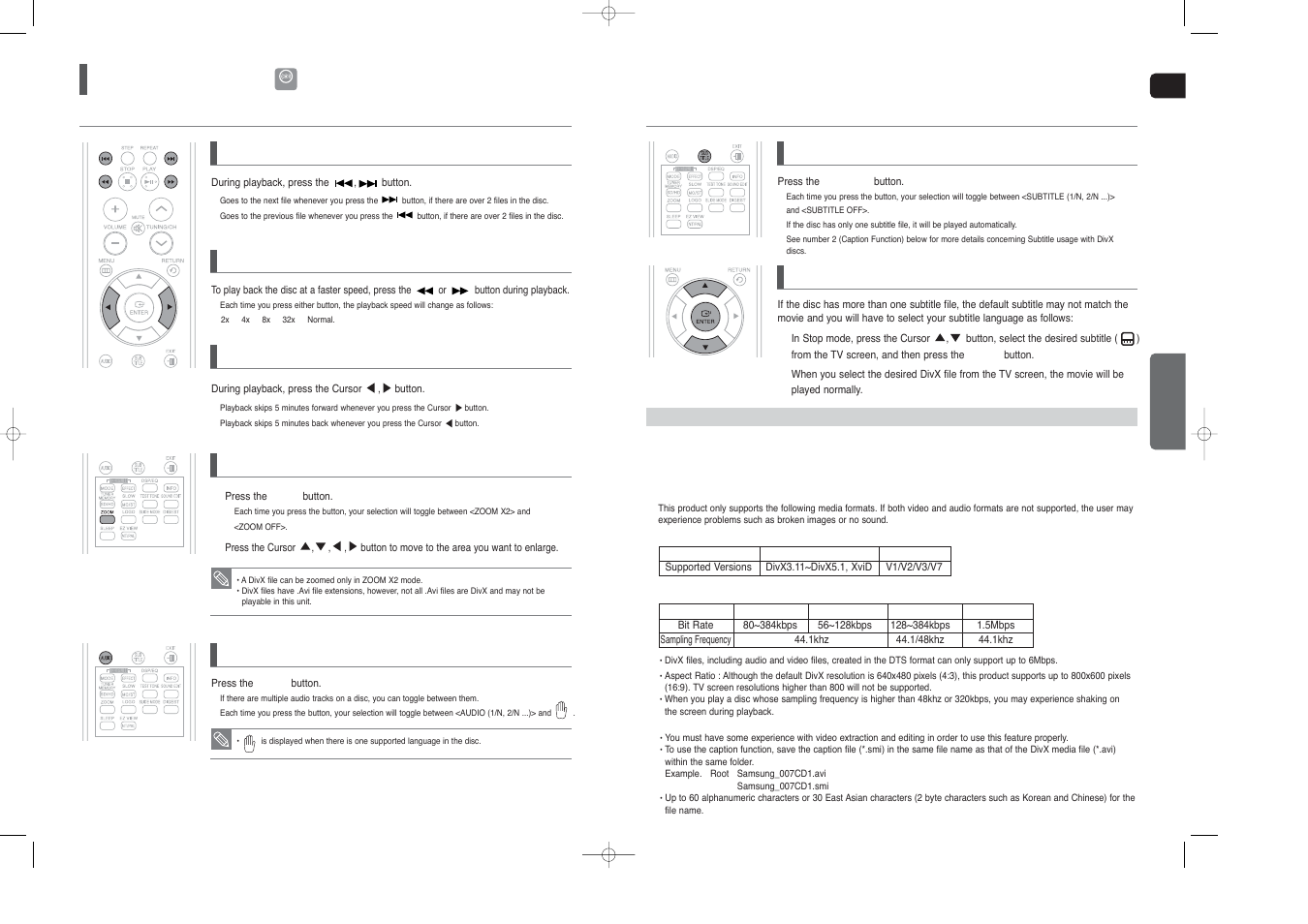 Divx playback, Skip forward/back, 5 minute skip function | Fast playback 1, Zoom function, Audio display, If the disc has more than one subtitle file, Subtitle display | Samsung HT-TX250  EN User Manual | Page 16 / 35